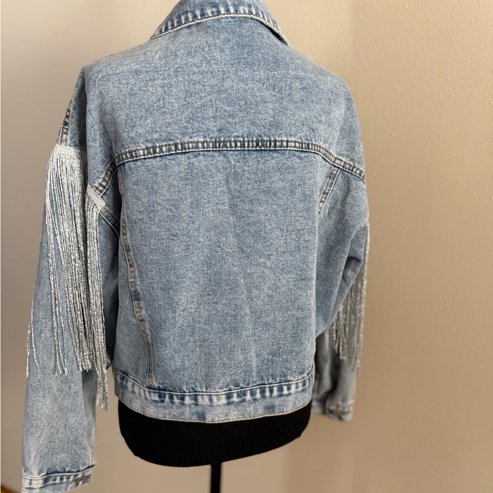 Fringe Denim Jacket Western Cropped Light Wash Festival Rodeo Jacket M - Picture 3 of 13